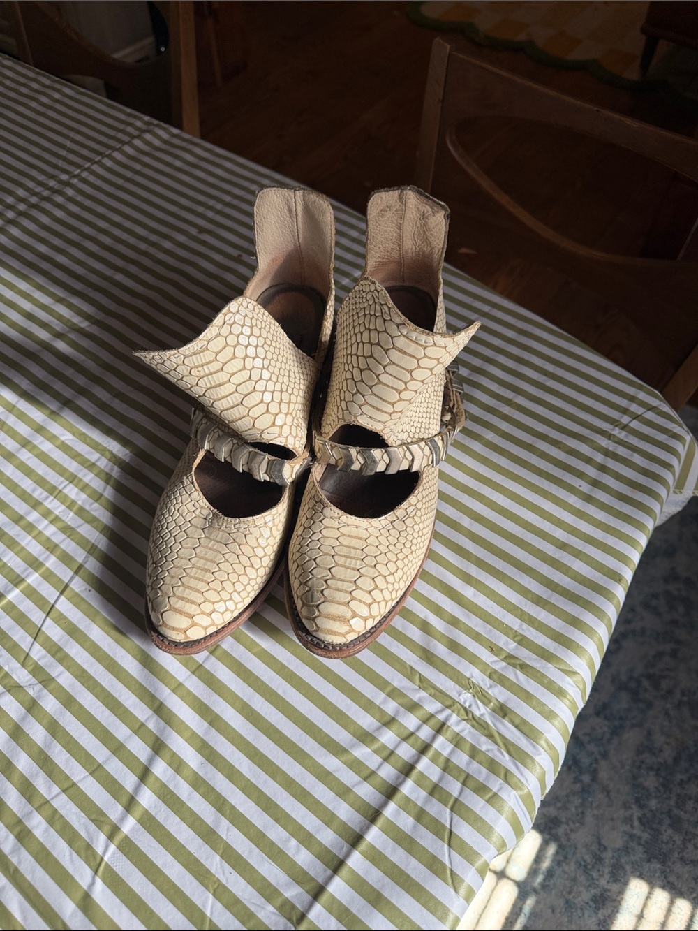 Freebird by Steven Blade Ivory Snake-Embossed Ankle Booties with Braided Strap